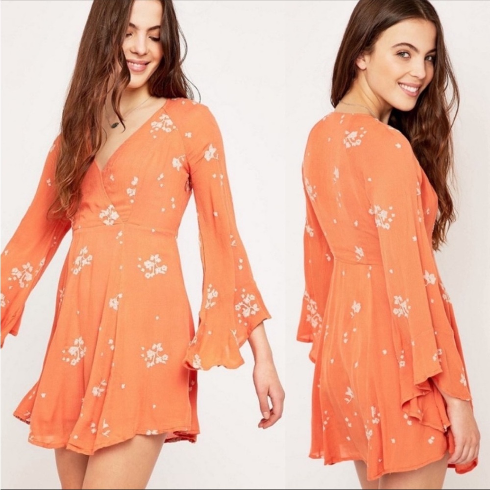 Free People Jasmine Orange Floral Bell Sleeve Mini Dress